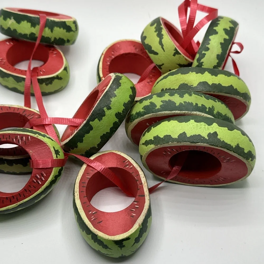 Set of 12 Vintage Watermelon Wooden Napkin Rings Hand Painted Summer Fruit Decor